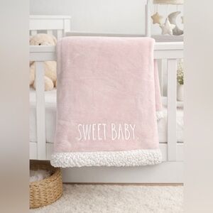 Rae Dunn Embroidered "SWEET BABY" Sherpa Fleece Plush Pink Baby Girl Blanket